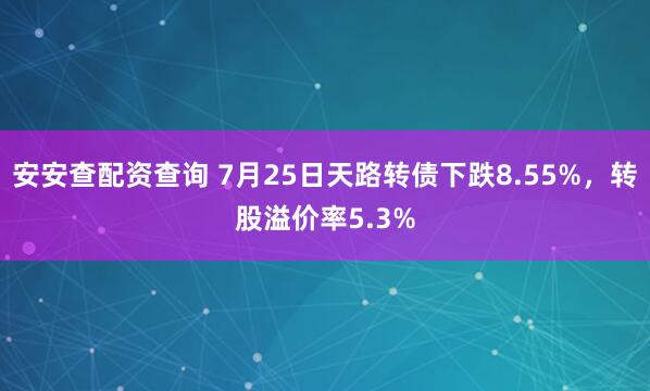 安安查配资查询 7月25日天路转债下跌8.55%，转股溢价率5.3%